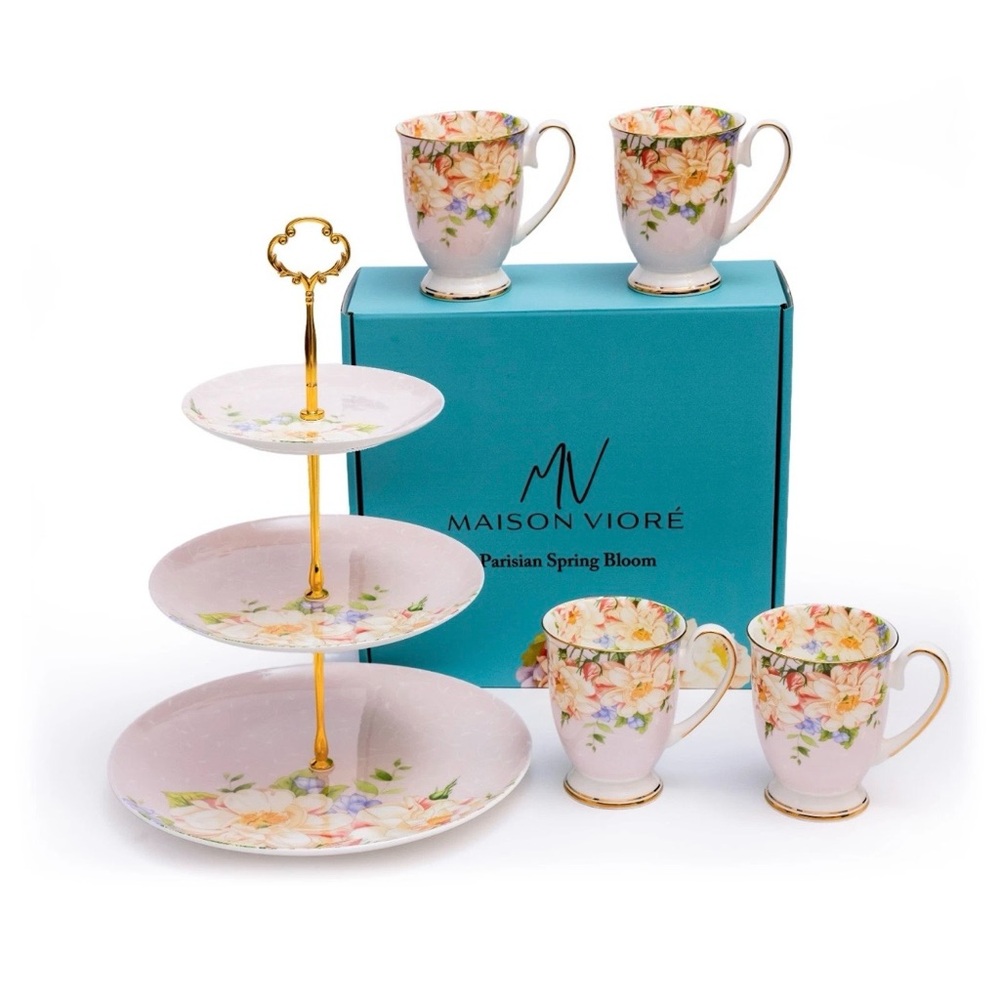 Maison Vioré Parisian Spring Bloom 3-Tier Tea Serving Set with Floral Mugs
